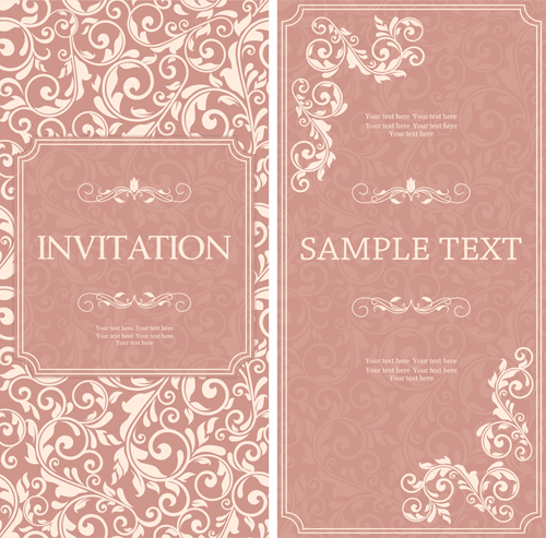 Vintag pink invitation cards with floral vector 03  