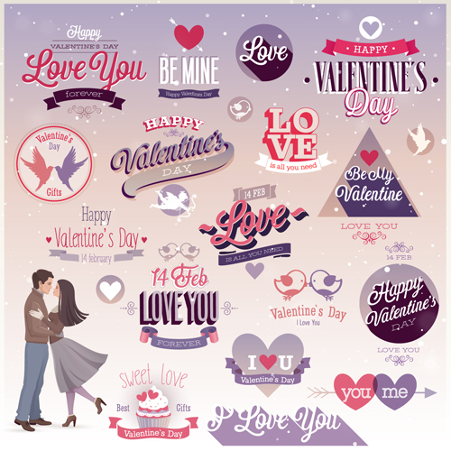 Vintage Valentine Day ornament labels vector 02  