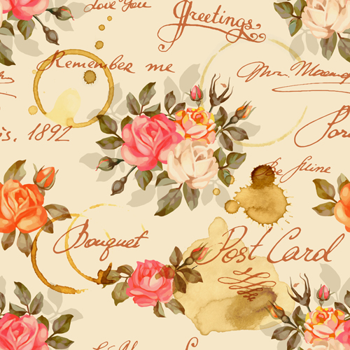 Vintage flowers patterns vector seamless design 01  