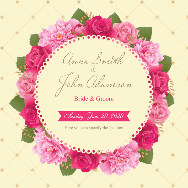 牡丹とピンクのバラのベクター 04 結婚式カード  