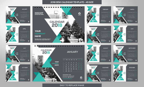 Kalender-Schablonensatz-Vektor 12 des Tischkalenders 2018  