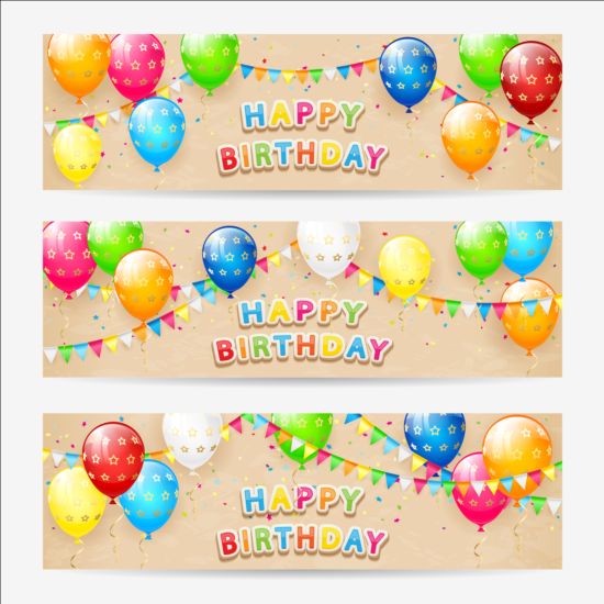 Verjaardag ballonnen en confetti vector banners  