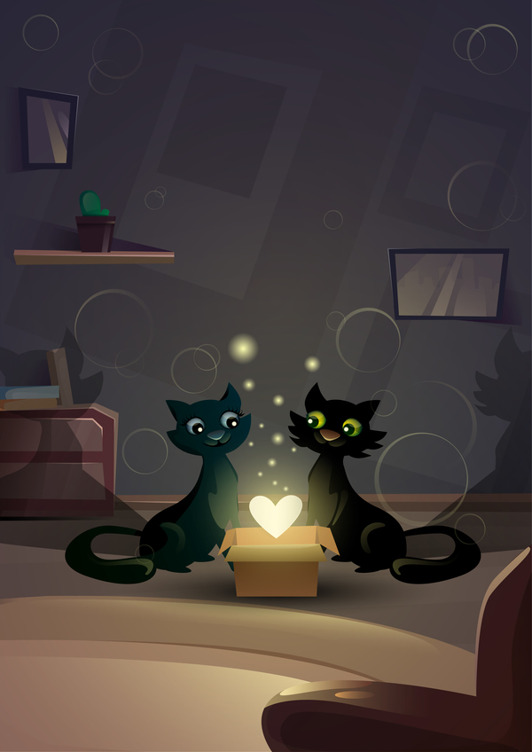 Black cat love with Valentine day card vector 05  