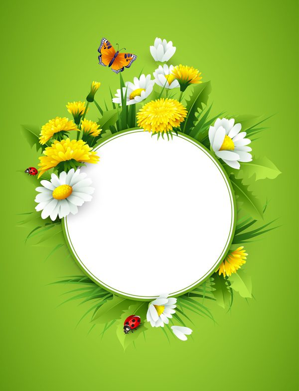Leerer Aufkleber mit Frühlingsblume und grünem Hintergrundvektor 08  