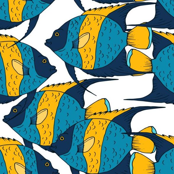 サンゴ礁の魚たち手の描かれたベクターのシームレスなパターン 01  