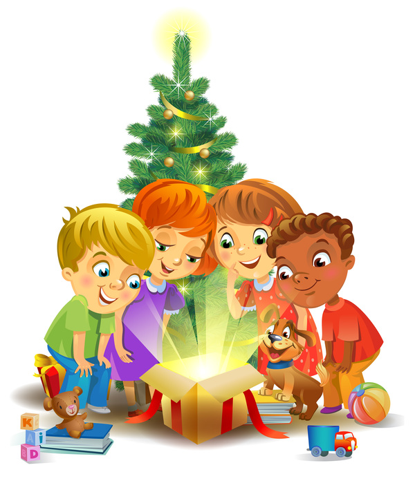Kinder mit Weihnachtsgeschenkvektormaterial 05  