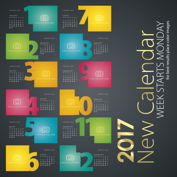New calendar 2017 colorful month numbers black colored vector  