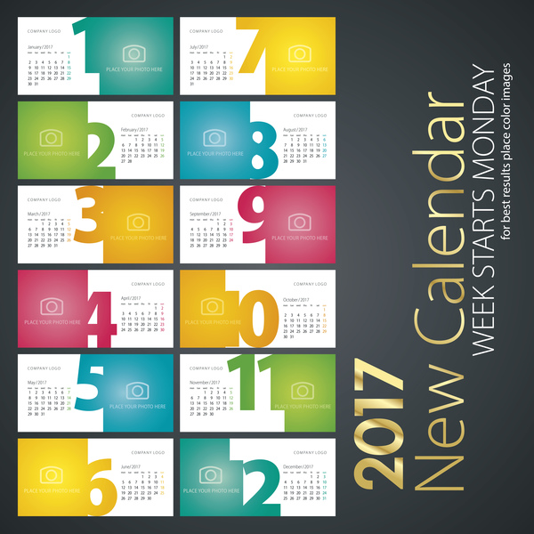 Nieuwe kalender 2017 kleurrijke wit gekleurde vector  