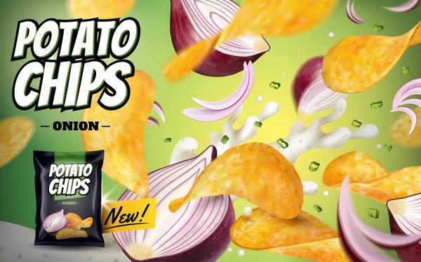 Onion tastes potato chips poster template vector  