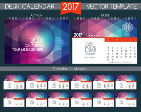 Retro Skriv bords kalender 2017 vektor mall 15  