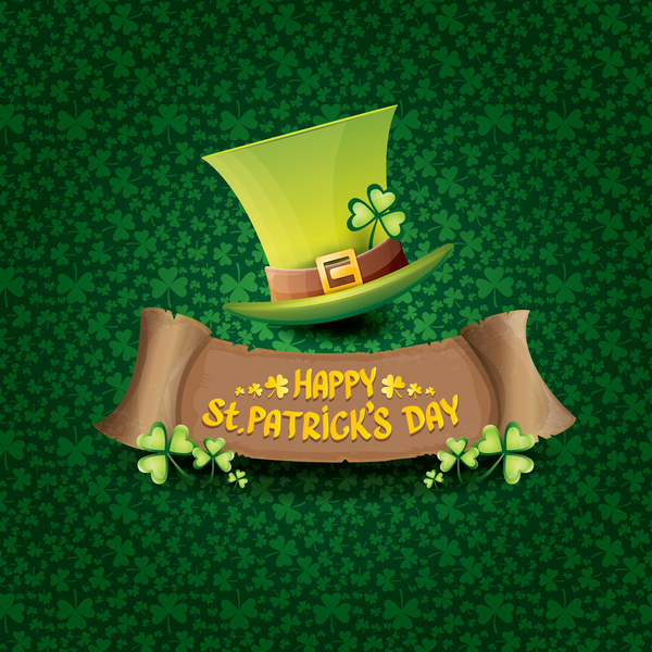 聖パトリックの日レトロなバナーの帽子と、緑の葉パターン ベクトル 17  