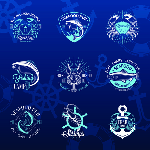 Sea food badges with labels vector set 03  