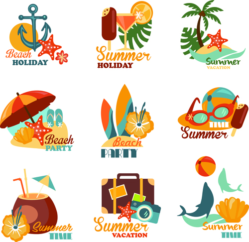 Summer beach holiday labels vintage vector 01  