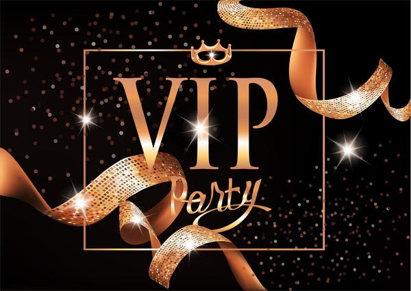 VIP invitation card with gold curly ribbons and frame vector  