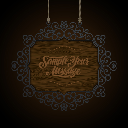 Vintage wooden signboard with Iron floral frame vector 05  