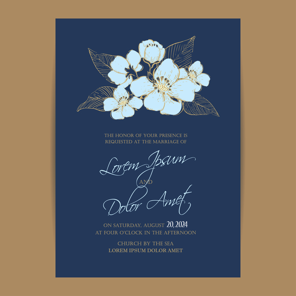 Hochzeitseinladung mit dunkelblauen Blüten Vector 04  