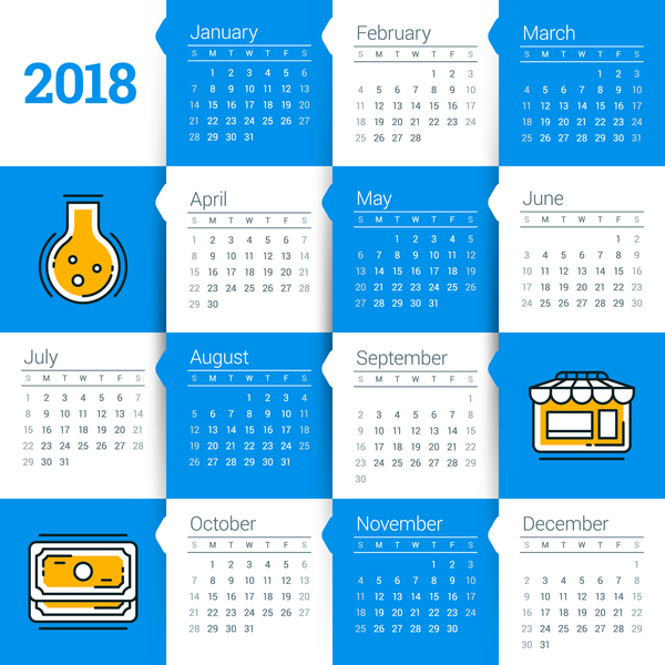 Weiß mit blauen Kalenderschablonenvektoren des Kalenders 2018  