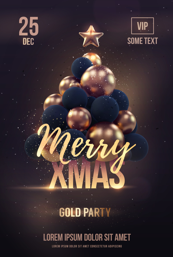 brown xmas party flyer template with balloon christmas tree vector 01  