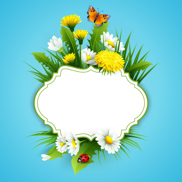 Blue spring background with flower label vector 03  