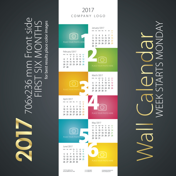Calendar 2017 first six month color vector  