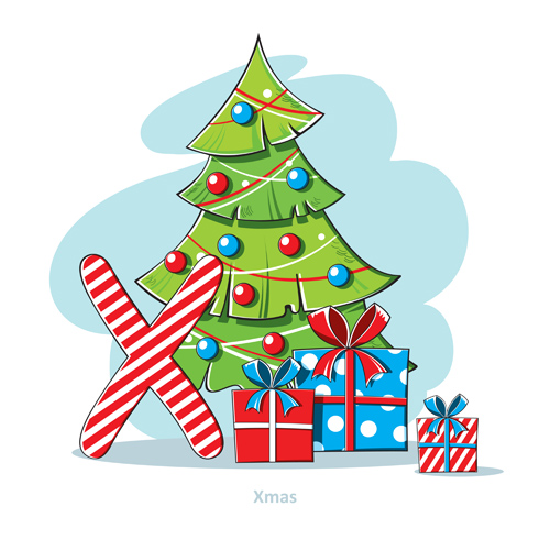 Cartoon christmas gift with xmas tree vector  