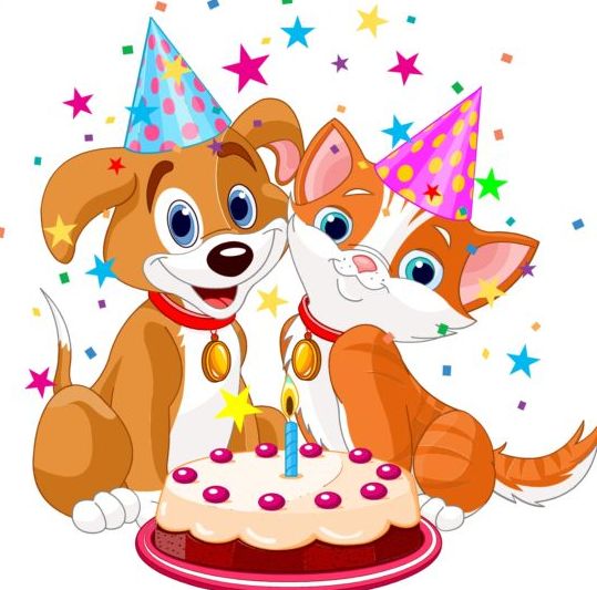 Kat en hond met verjaardagstaart vector  