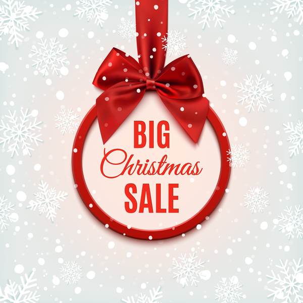 Weihnachtsgroßer Verkauf mit rotem Bogen- und Schneehintergrundvektor  