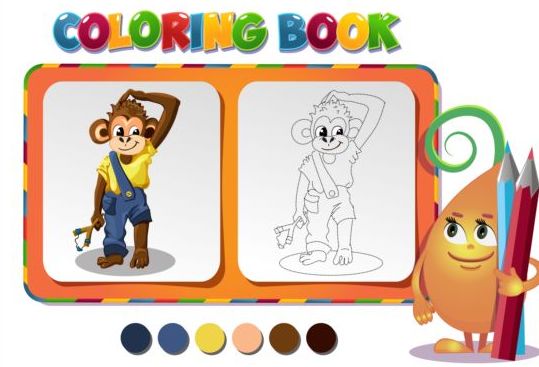 색칠 하기 책, 원숭이, 소년 벡터  