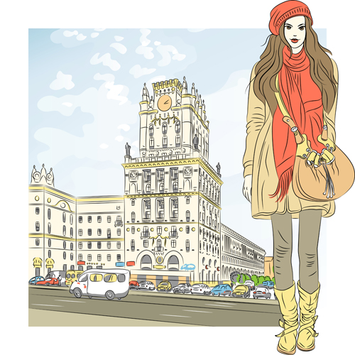 Fashion girl with urban life vector 01  