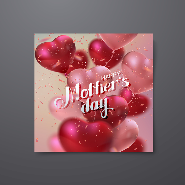 Carte de fête des mères avec des ballons en forme de coeur vector 04  