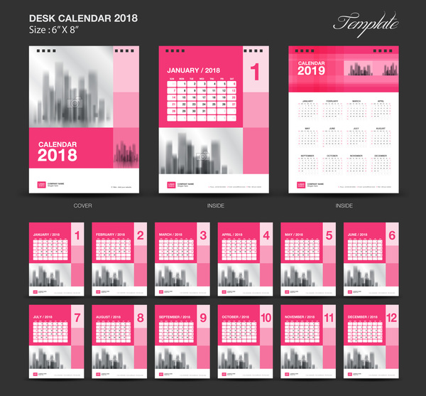 ピンクデスクカレンダー2018ベクトルテンプレート  