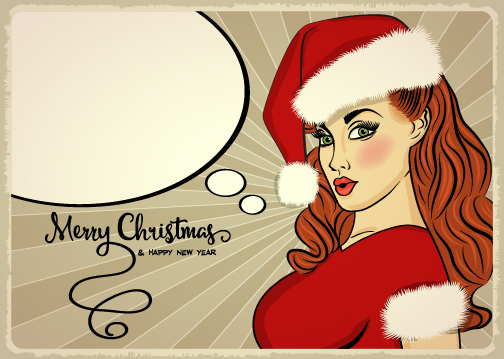 レトロなクリスマス カード クリスマス女の子ベクター 01  