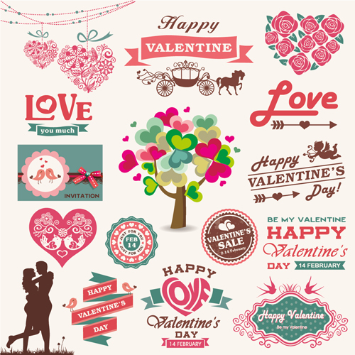 Romantic Valentine retro labels and decor vector 02  
