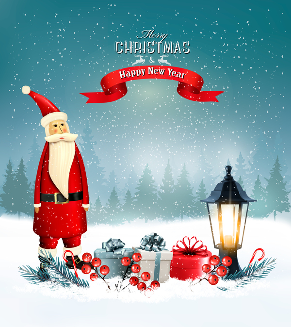 Grußkarte der frohen Weihnachten mit Weihnachtsmann- und Laternenvektor  