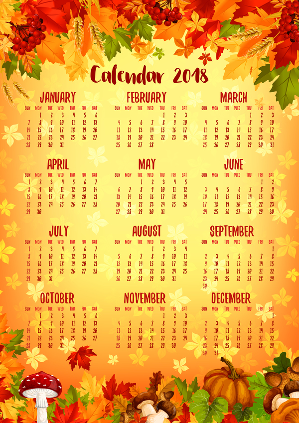 Autumn styles 2018 calendar template vector 12  
