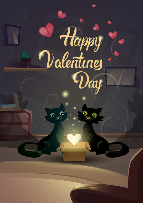 バレンタインの日カードで黒の猫愛ベクター 04  