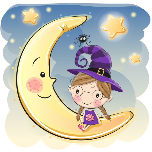 Cartoon halloween moon with cute girl vector  
