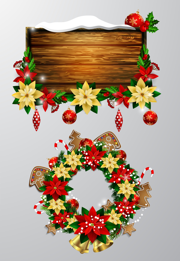 Christmas wreaths with wooden labels vector material 04  