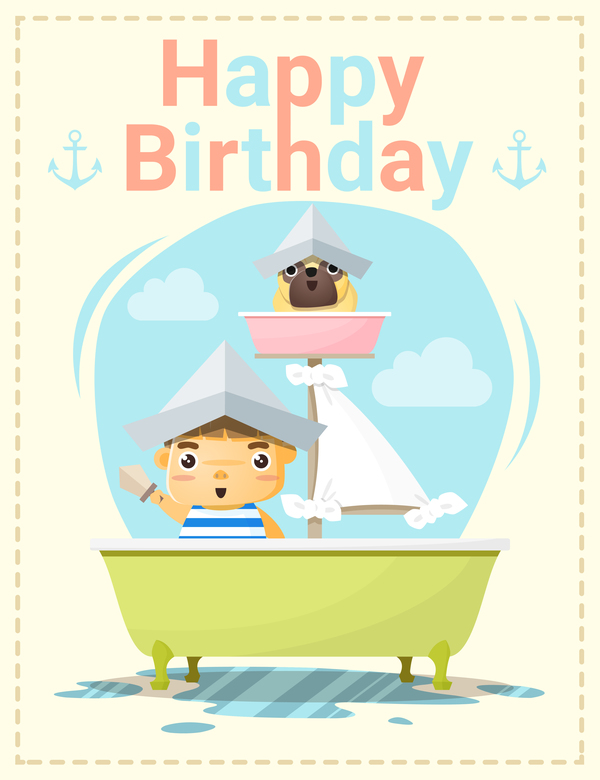 Happy birthday card with little boy and friend vector 04  