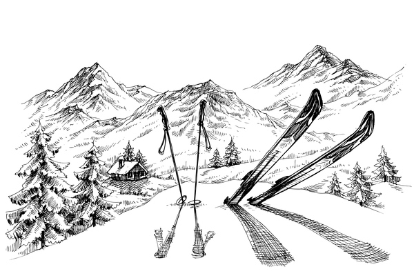 スキー スケッチ ベクトル 03 と山の風景  