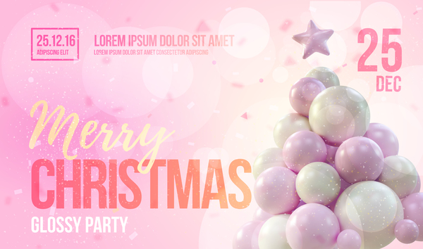 Pink xmas party flyer template with balloon christmas tree vector 02  