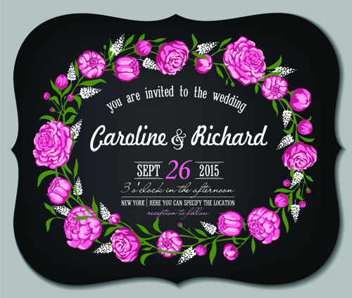 Romantic flowers wedding Invitations vector set 04  