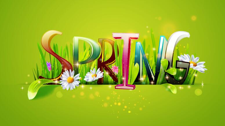 Spring text with grass and flower vector 02  