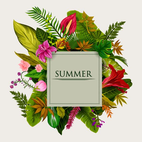 Summer background with tropical plant and flower vector 09  