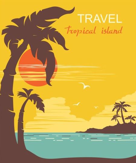 Tropische Insel Flugreise Vintage-Plakatvektor 07  