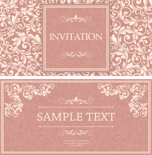 Vintag pink invitation cards with floral vector 02  