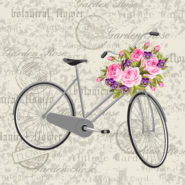 Vintage bakgrund med cykel och blomma vektor 01  