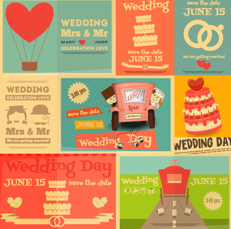 Wedding retro cards vectors material  