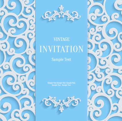 White swirl floral with blue invitation card vector 03  