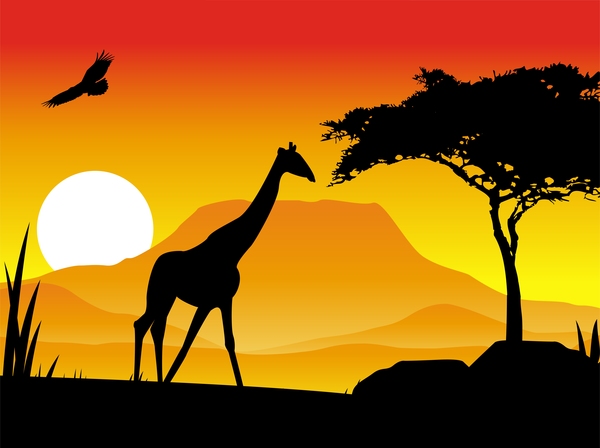 Giraffe-Silhouette mit Sonnenuntergang Hintergrund Vektor 01  